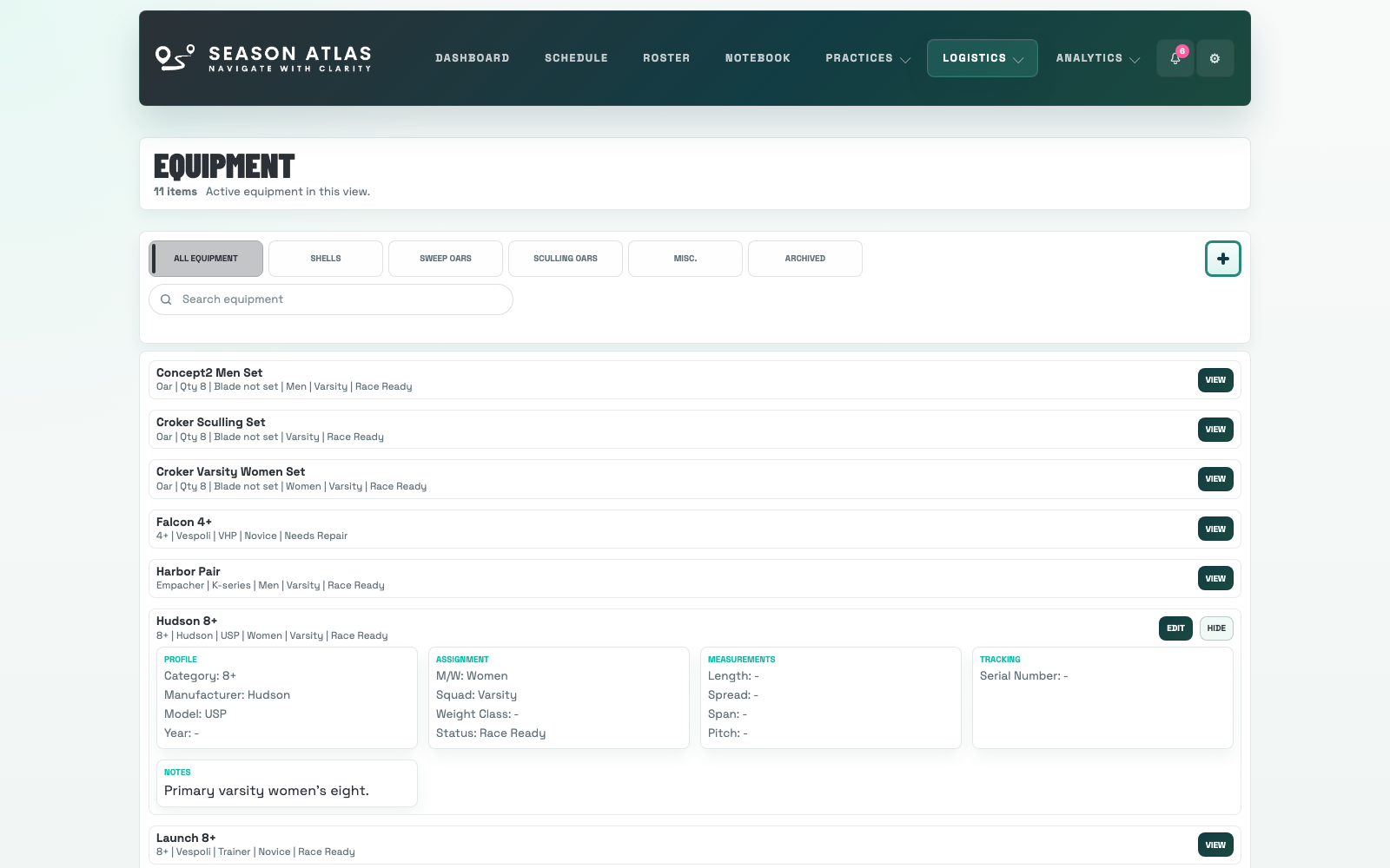 Season Atlas equipment page showing shells, oars, and readiness details