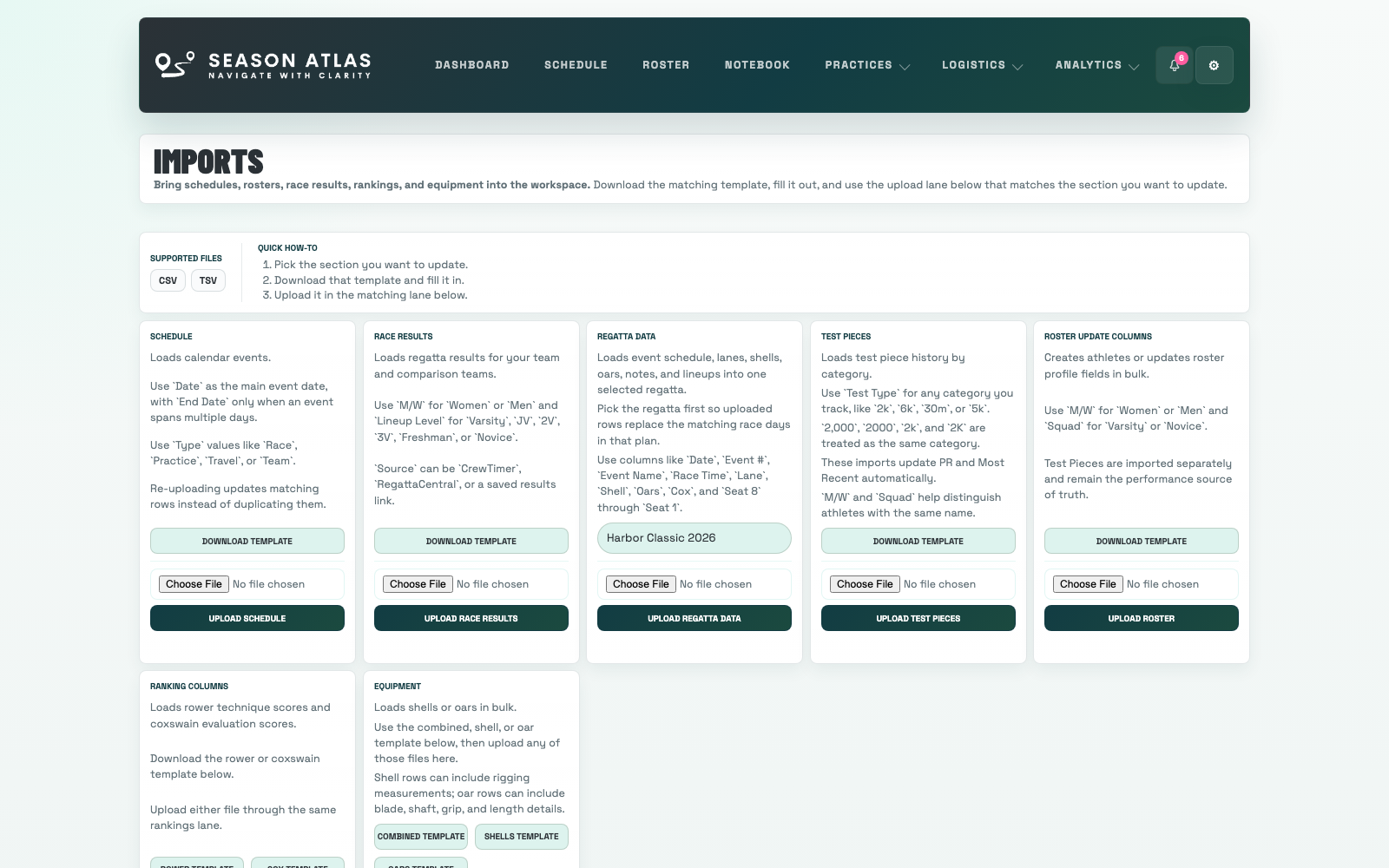 Season Atlas imports page with multiple setup templates visible at once