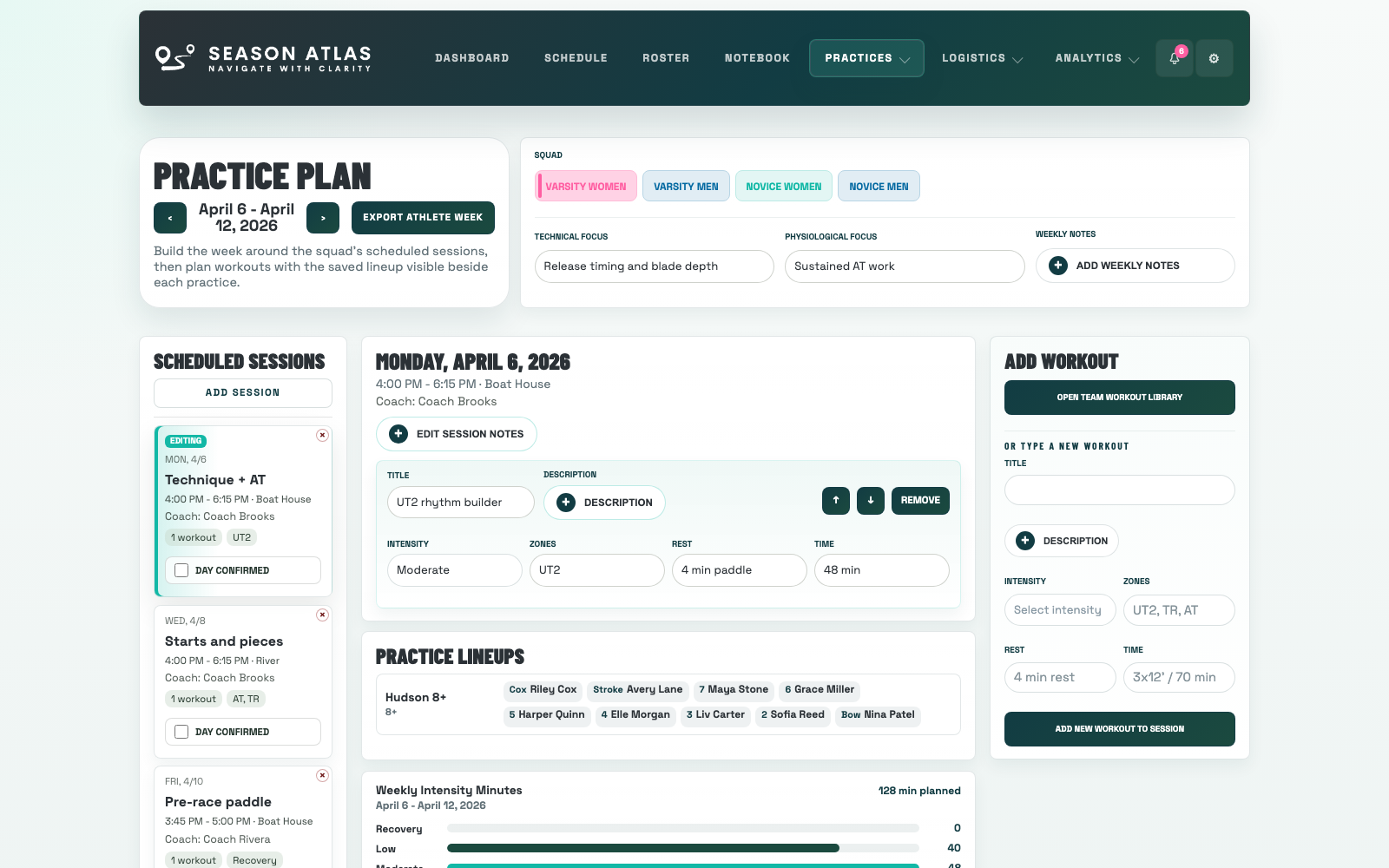 Season Atlas practice plan page with session detail, workouts, and lineup context