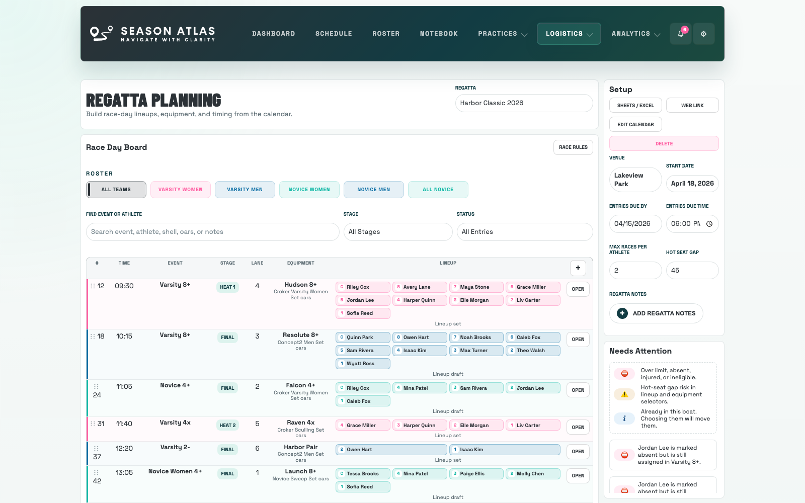 Season Atlas regatta board with race-day entries, shells, and lineup assignments
