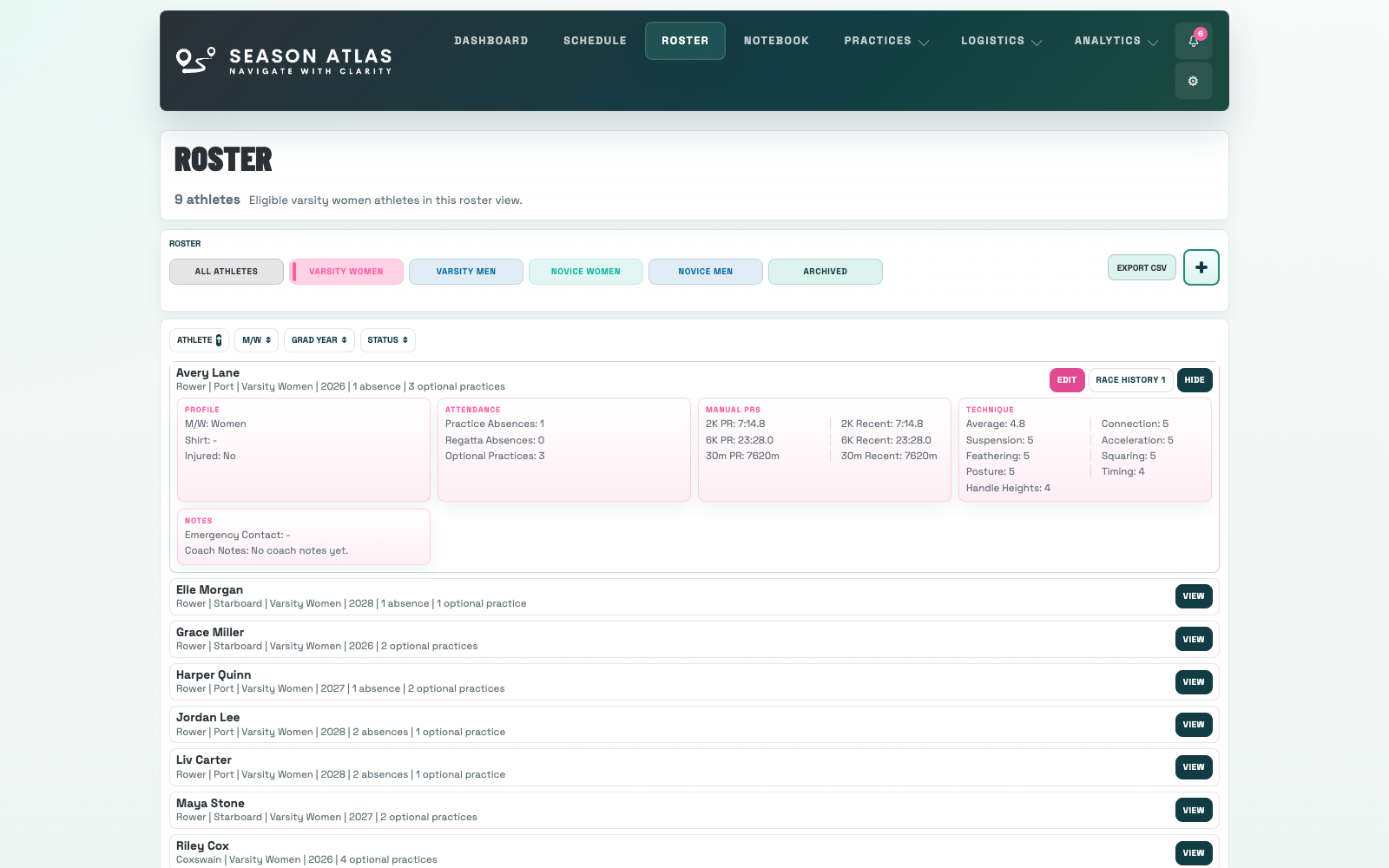 Season Atlas roster page showing athletes, squads, and athlete details