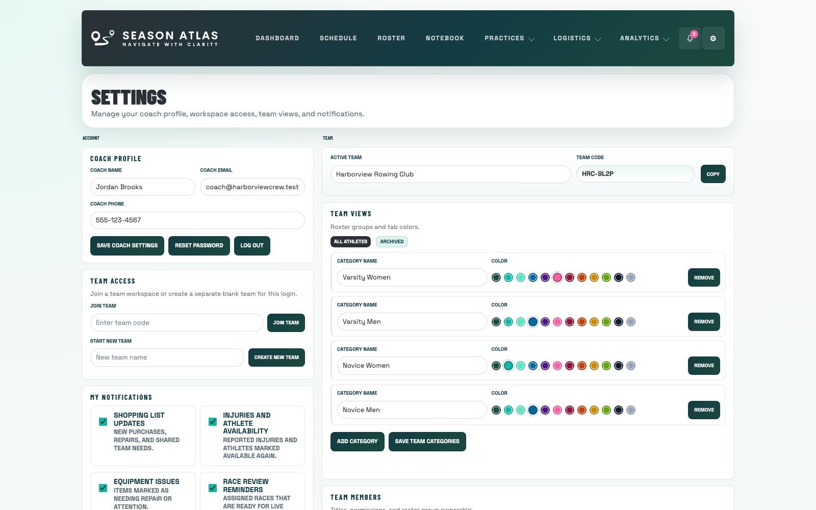 Season Atlas settings page showing coach profile, team access, notifications, and permissions