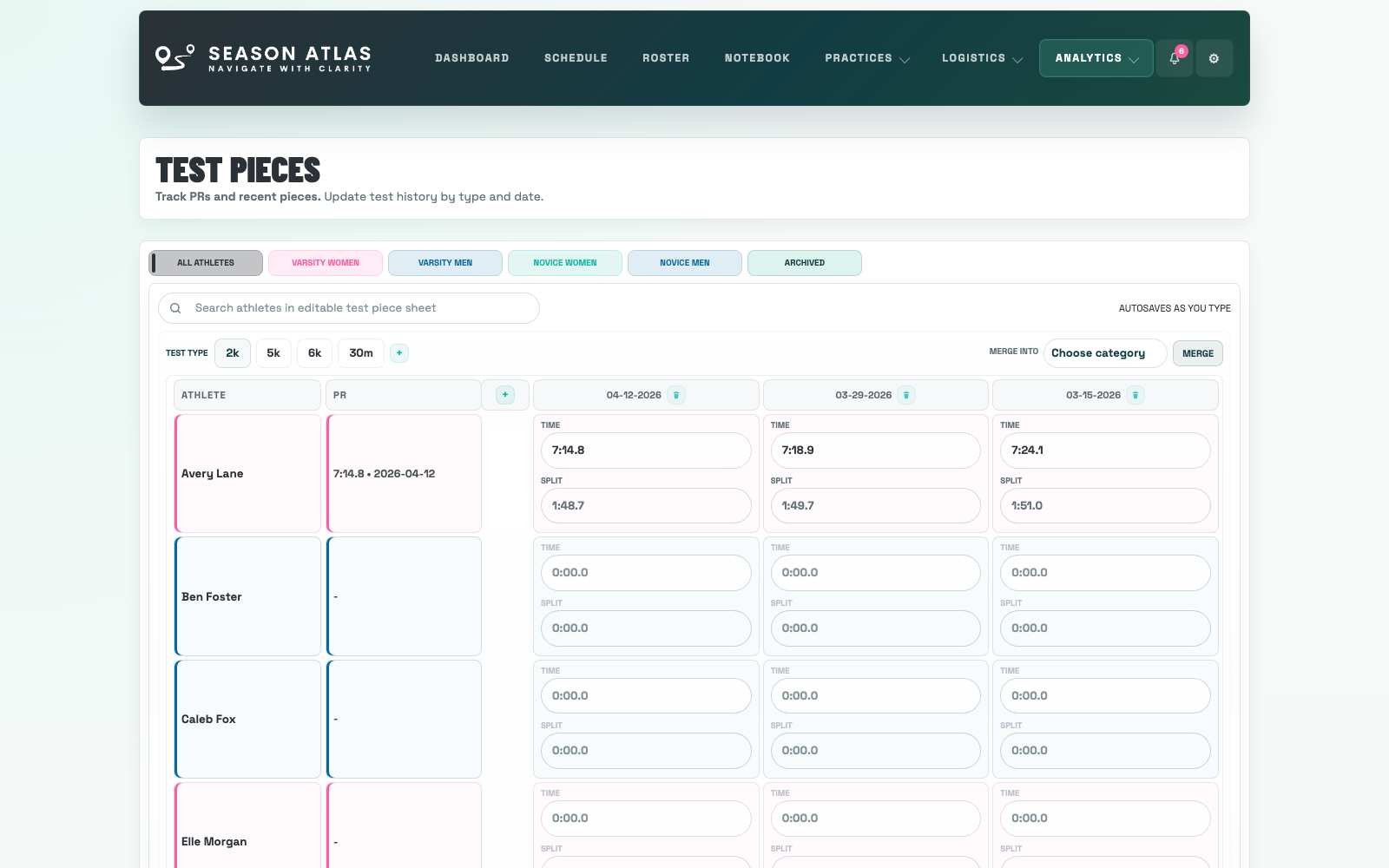 Season Atlas test pieces page showing custom test categories and merge controls